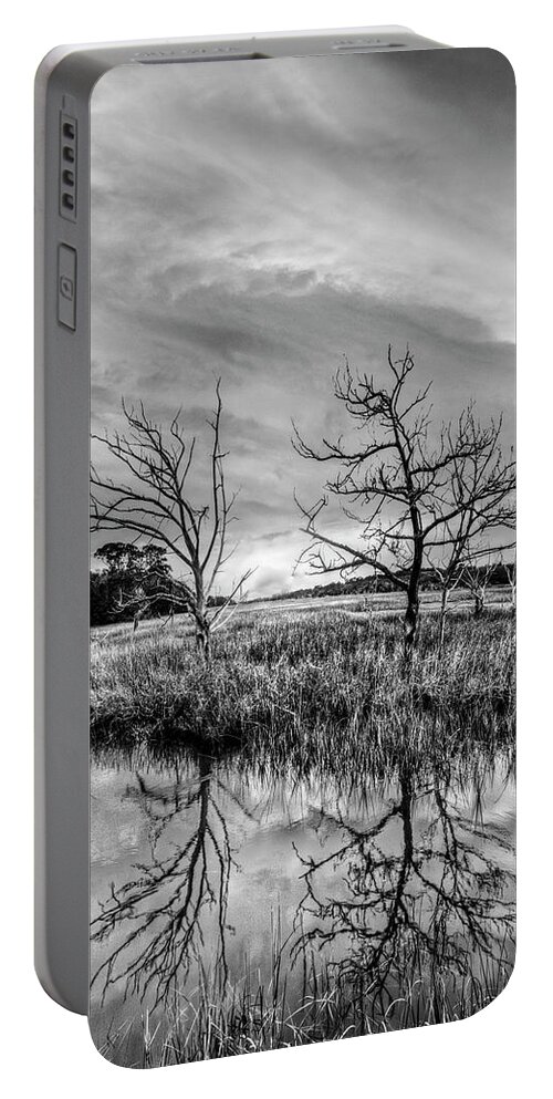 Clouds Portable Battery Charger featuring the photograph Sunset Salty Marsh at Jekyll Island Black and White by Debra and Dave Vanderlaan