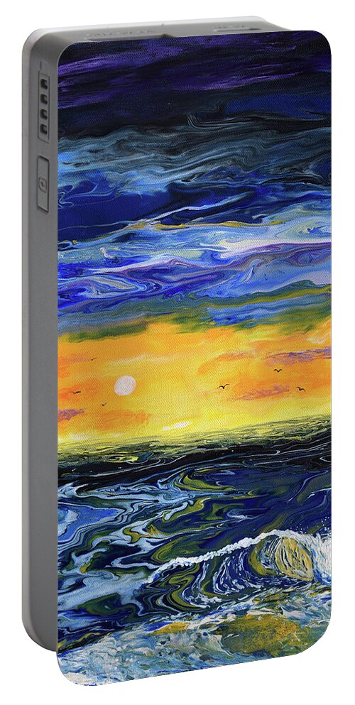 Pour Painting Portable Battery Charger featuring the painting Sunset Seascape in Blue and Yellow by Laura Iverson