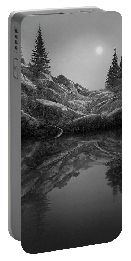 Sunset Spruces Reflections Portable Battery Charger featuring the photograph Sunset Spruces Reflections BW by Frank Wilson