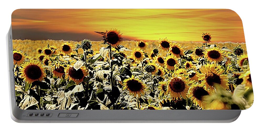 Sunflower Portable Battery Charger featuring the photograph Sunset with Sunflowers by Yumi Johnson