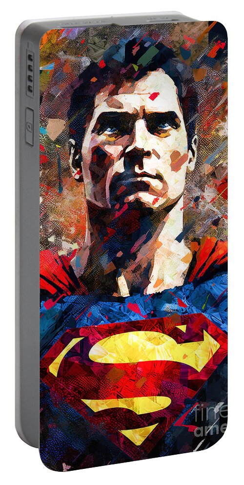 Superman Portable Battery Charger featuring the painting Superman Abstract 2 by Mark Ashkenazi