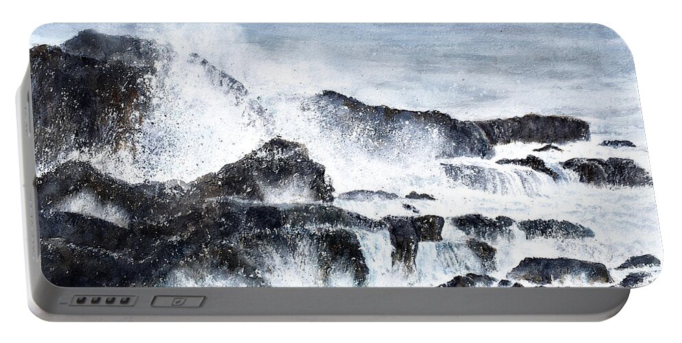 Ocean Portable Battery Charger featuring the painting Surf on a Rocky Coast by Wendy Keeney-Kennicutt