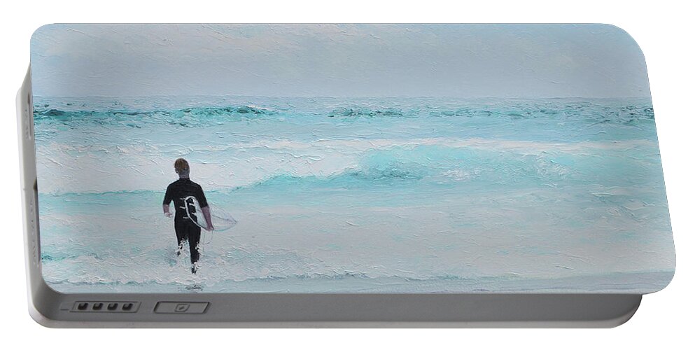 Surfer Portable Battery Charger featuring the painting Surfing at Dusk by Jan Matson