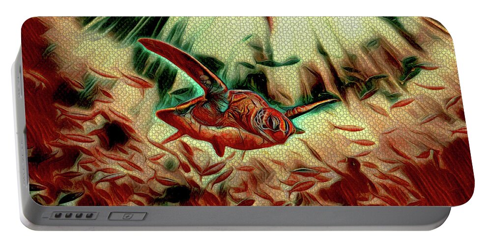 Surreal Portable Battery Charger featuring the mixed media Surreal Sea Turtle Swimming with Fish Mosaic by Shelli Fitzpatrick