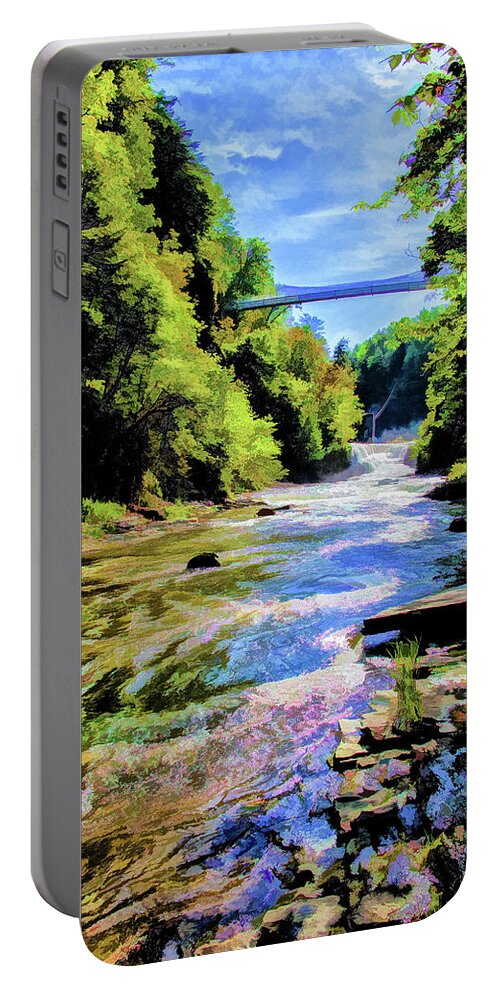 Impressionist Portable Battery Charger featuring the photograph Suspension Bridge at Cornell by Monroe Payne