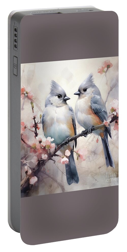 Bird Portable Battery Charger featuring the painting Sweet Tufted Titmouse Birds by Tina LeCour