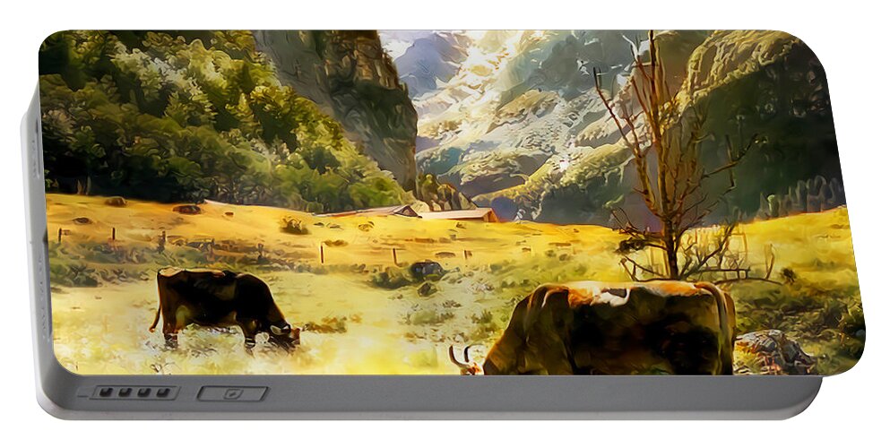 Wingsdomain Portable Battery Charger featuring the photograph Swiss Cattle in the Alps in Traditional Golden Light 20210215 v2 by Wingsdomain Art and Photography