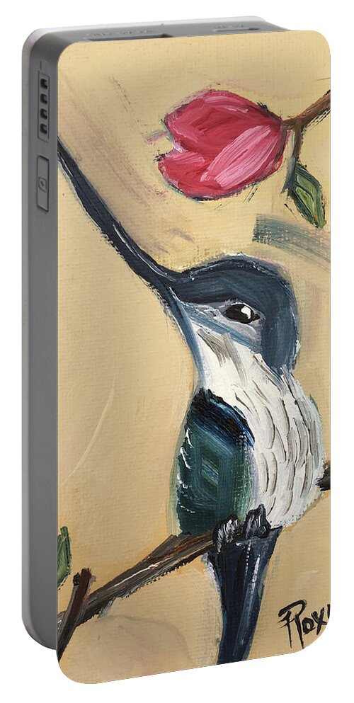 Sword Billed Hummingbird Portable Battery Charger featuring the painting Sword Billed Hummingbird by Roxy Rich