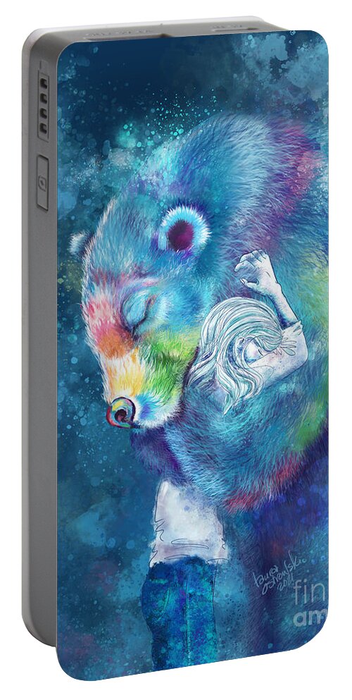 Bear Portable Battery Charger featuring the digital art Sympathy Bear Hug - Blue by Laura Ostrowski