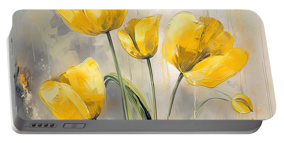 Yellow And Gray Portable Battery Charger featuring the digital art Symphony of Color and Texture - Yellow and Grey Art by Lourry Legarde