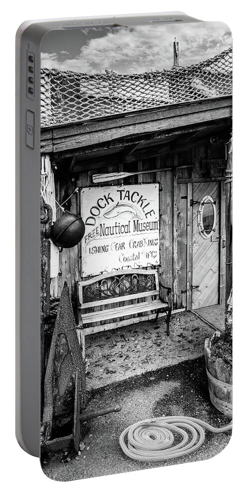 Dock Portable Battery Charger featuring the photograph Tackle Shop and Nautical Museum Black and White by Debra and Dave Vanderlaan