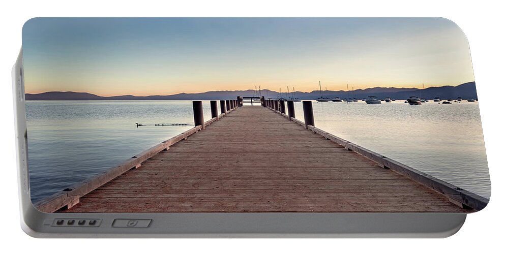 Lake Tahoe Portable Battery Charger featuring the photograph Lake Tahoe Sunrise at Dock by Gary Geddes