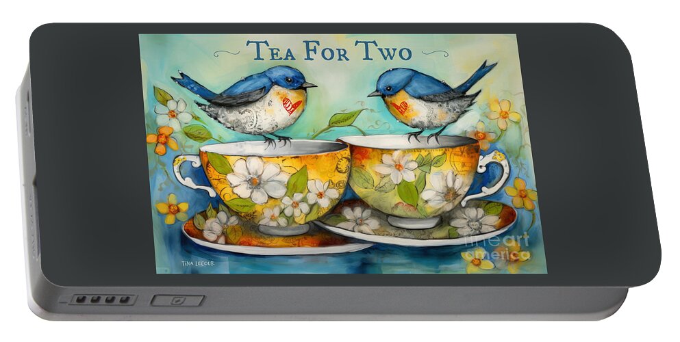 Bluebirds Portable Battery Charger featuring the painting Tea For Two by Tina LeCour