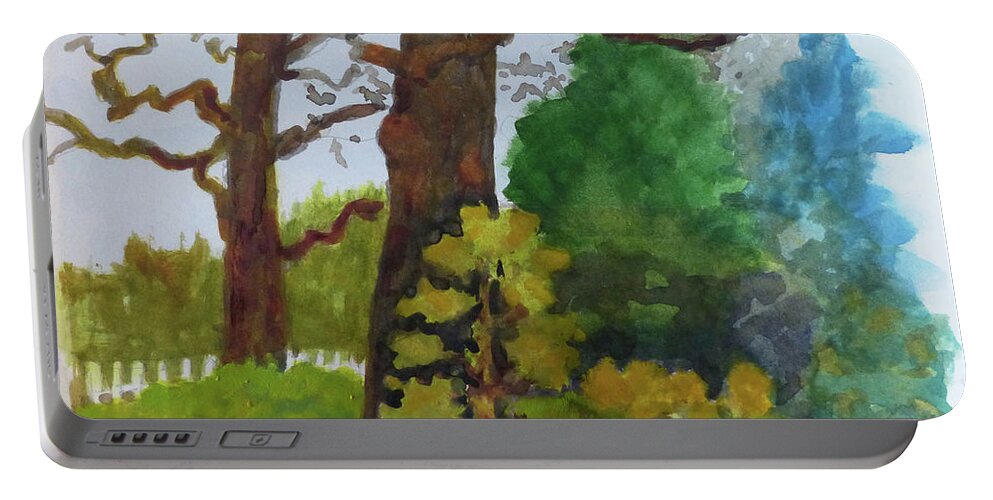  Portable Battery Charger featuring the painting Tea Garden Fence by Karen Coggeshall
