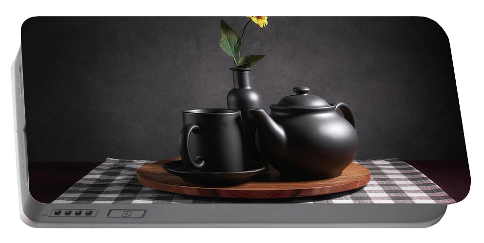 Vase Portable Battery Charger featuring the photograph Tea Set with Sunflower by Tom Mc Nemar