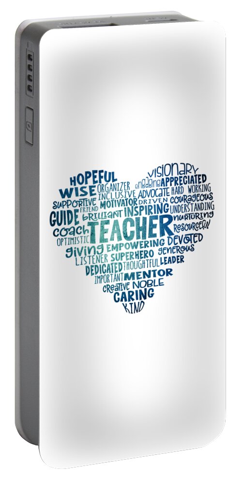 Teacher Portable Battery Charger featuring the digital art Teacher Word Cloud Heart in Blue by Laura Ostrowski