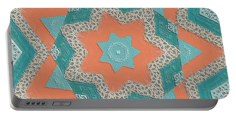 Pattern< Stars Portable Battery Charger featuring the digital art Teal and Peach Stars by Bonnie Bruno