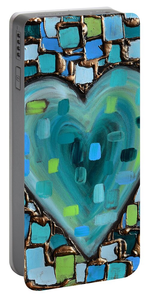 Heart Portable Battery Charger featuring the painting Teal Mosaic Heart by Amanda Dagg