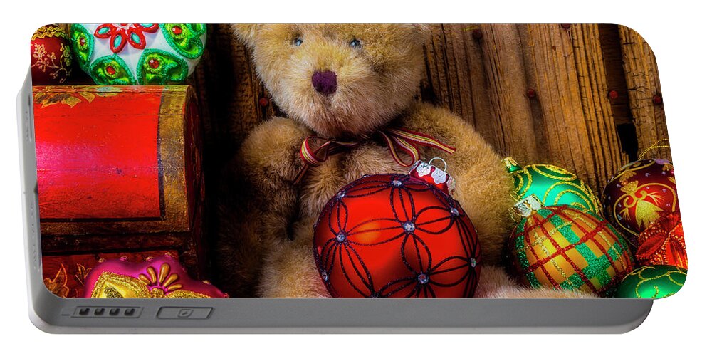 Abundance Red Fancy Portable Battery Charger featuring the photograph Teddy Bear And Christmas Ornaments by Garry Gay