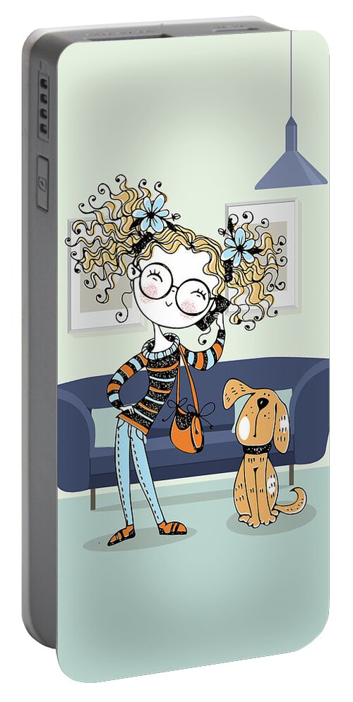 Miss You Portable Battery Charger featuring the digital art Teen or Tween Girl and Dog by Doreen Erhardt
