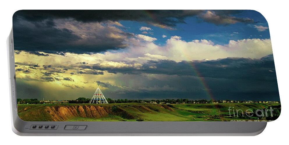 Teepee Rainbow Alberta Medicine Hat Portable Battery Charger featuring the photograph Teepee Rainbow by Darcy Dietrich