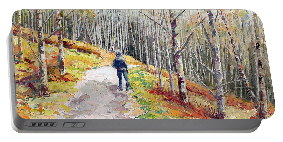 Telluride Portable Battery Charger featuring the painting Lone Hiker, 2018 by PJ Kirk