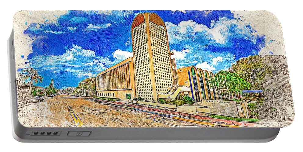 Temple Menorah Portable Battery Charger featuring the digital art Temple Menorah in Miami Beach, Florida - colored drawing by Nicko Prints