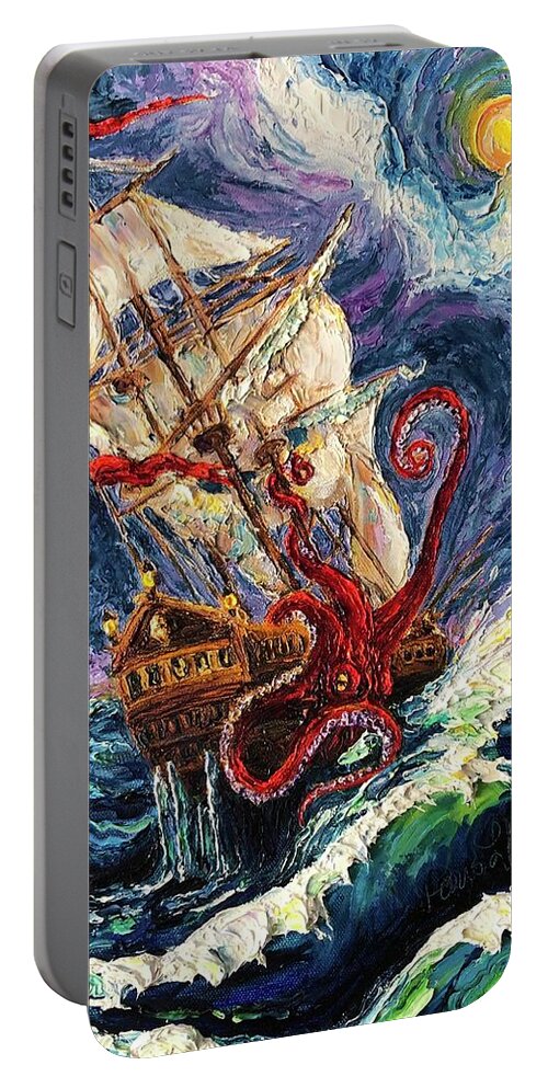 Sea Portable Battery Charger featuring the painting Terror at Sea the Kraken by Paris Wyatt Llanso
