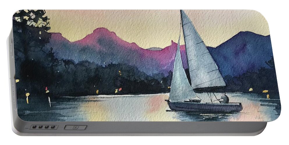 Malibou Lake Portable Battery Charger featuring the painting Terry In his Boat by Luisa Millicent