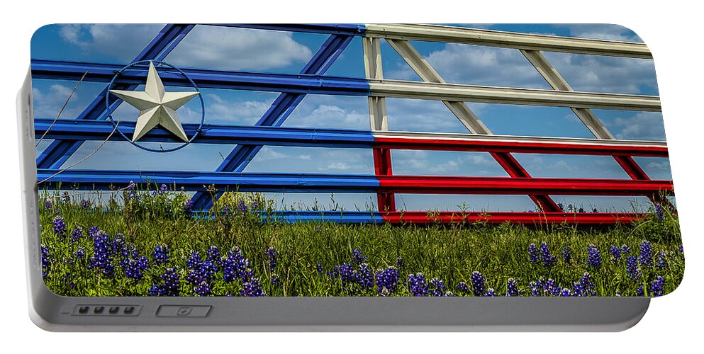 Texas Portable Battery Charger featuring the photograph Texas Flag Painted Gate with Blue Bonnets by Robert Bellomy