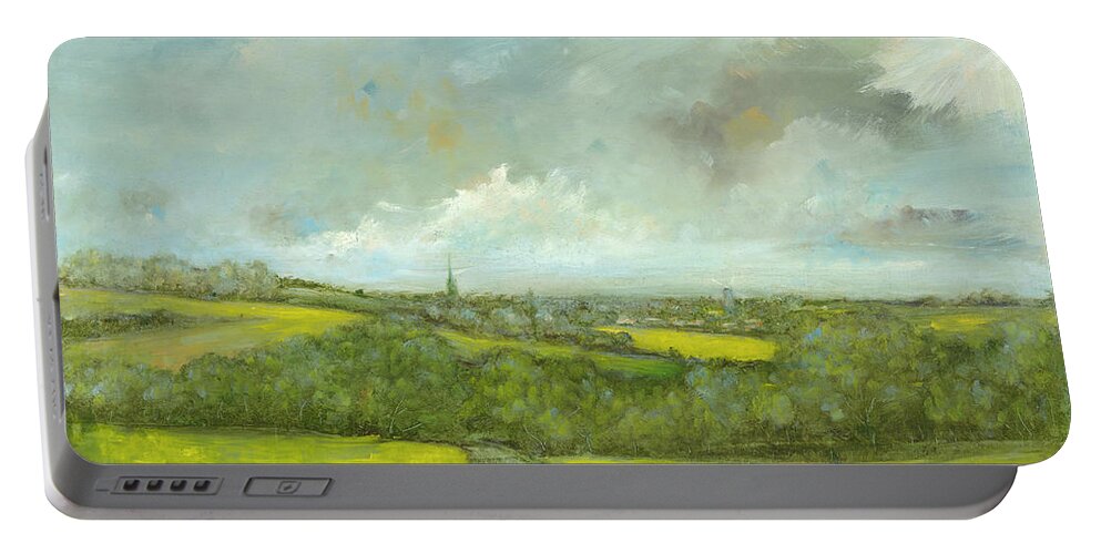 Thaxted Portable Battery Charger featuring the painting Thaxted Church and Windmill by Roger Clarke