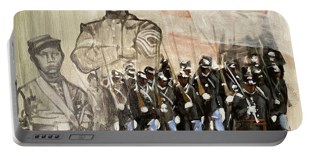 Black Civil War Regiment; Civil War; Black Infantry; Black Soldiers; All Black Infantry Regiments; 54th Massachusetts Infantry Regiment; 54 Massachusetts Portable Battery Charger featuring the painting The 54th Massachusetts by Howard Stroman