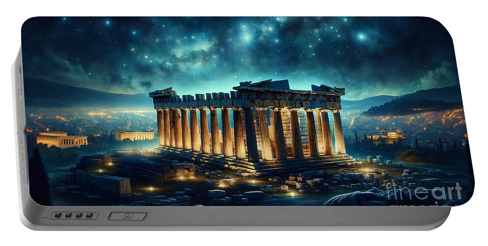 Parthenon Portable Battery Charger featuring the painting The ancient ruins of the Parthenon on a starry night, with the glow of Athens in the background. by Jeff Creation