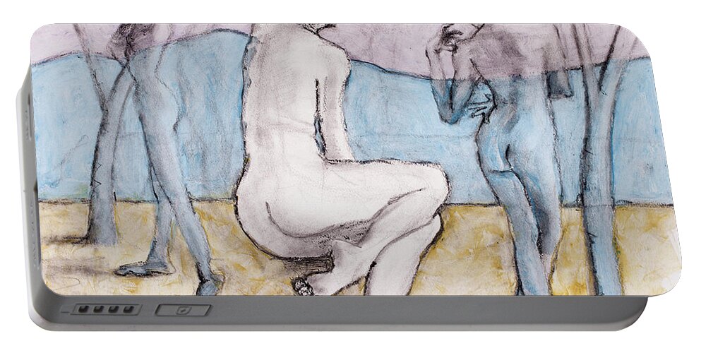 Life Drawing Portable Battery Charger featuring the mixed media The Bathers by PJ Kirk