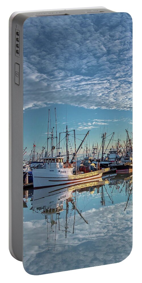 Alex Lyubar Portable Battery Charger featuring the pyrography The Beautiful Reflection at Sunset by Alex Lyubar