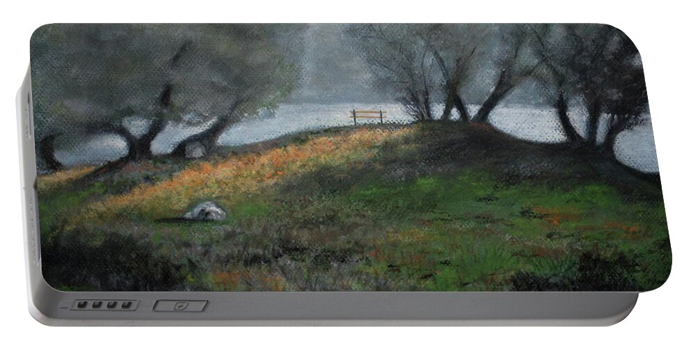 Foggy Day Portable Battery Charger featuring the pastel The Bench by Sandra Lee Scott