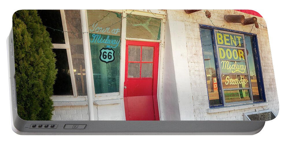 Route 66 Portable Battery Charger featuring the photograph The Bent Door - Adrian, Texas - Route 66 by Susan Rissi Tregoning