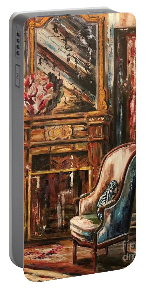 Home Decor Portable Battery Charger featuring the painting The Blue and White Pillow by Sherrell Rodgers
