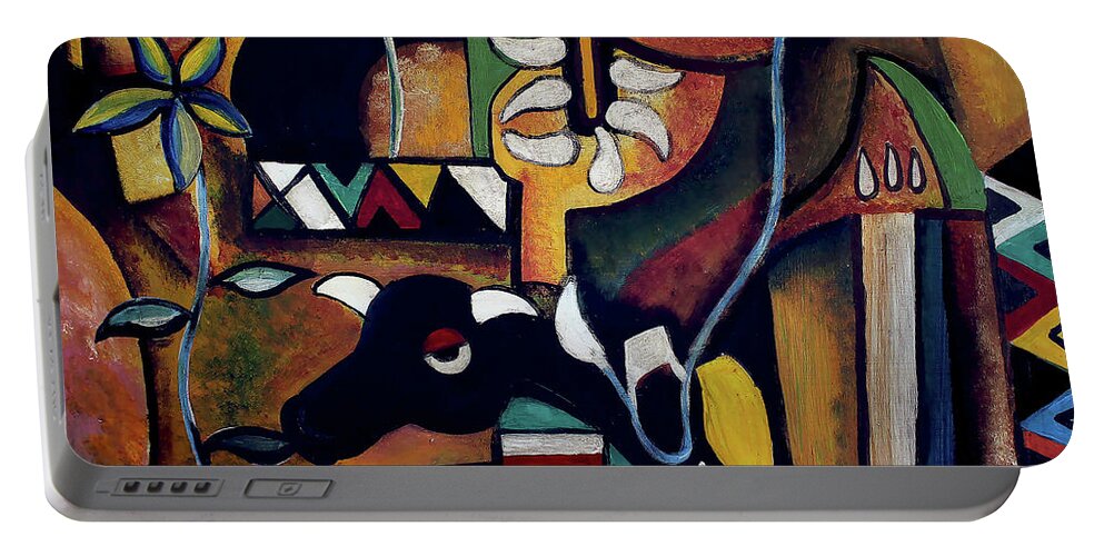 African Art Portable Battery Charger featuring the painting The Bull of Peace by Speelman Mahlangu