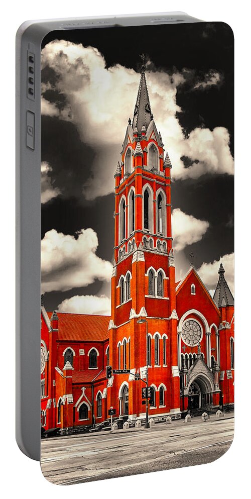 Cathedral Shrine Of The Virgin Of Guadalupe Portable Battery Charger featuring the digital art The Cathedral Shrine of the Virgin of Guadalupe in Dallas, Texas, isolated on black and white by Nicko Prints