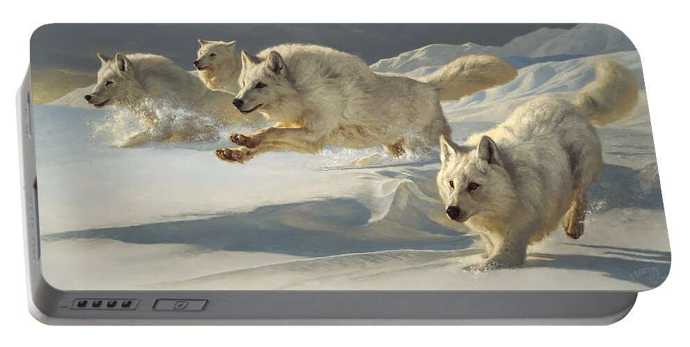 Wolf Portable Battery Charger featuring the painting The Chase by Greg Beecham