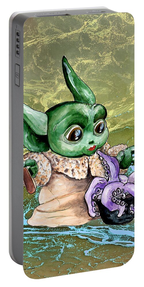 Watercolour Portable Battery Charger featuring the painting The Child Yoda 05 by Miki De Goodaboom
