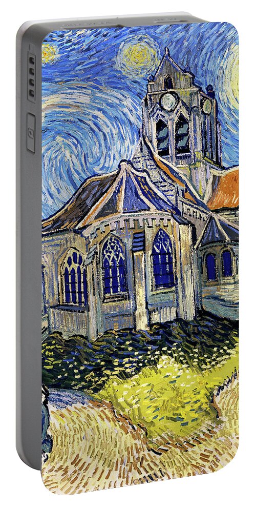 Van Gogh Portable Battery Charger featuring the digital art The Church at Auvers on a Starry Night - digital recreation by Nicko Prints