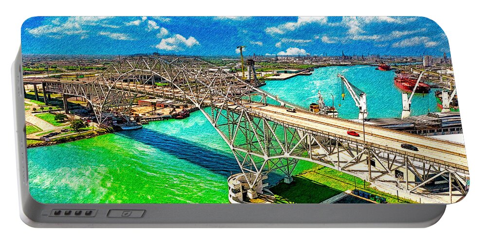Corpus Christi Harbor Bridge Portable Battery Charger featuring the digital art The Corpus Christi Harbor Bridge - pencil sketch effect by Nicko Prints