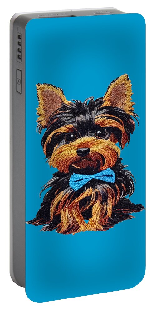 Bow Tie Dog Portable Battery Charger featuring the digital art The Cutest Crafted Yorkie Dog Design with Blue Ribbon Bow Tie by OLena Art by Lena Owens - Vibrant DESIGN