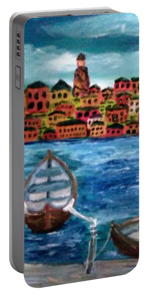 Nature Portable Battery Charger featuring the painting The Docks at Santo Porto Stefano by Andrew Blitman