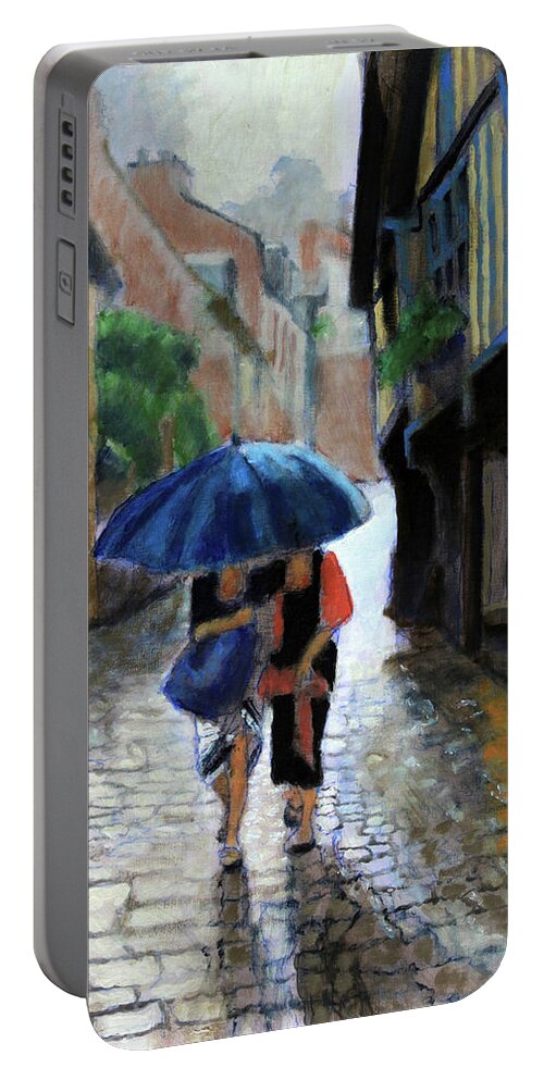 Two Women Share An Umbrella Portable Battery Charger featuring the painting The Downpour by David Zimmerman