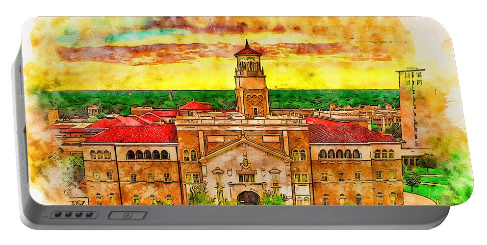 English And Philosophy Building Portable Battery Charger featuring the digital art The English and Philosophy Building of the Texas Tech University - pen and watercolor by Nicko Prints