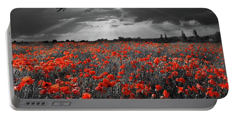 Sunset Poppy Flypast Portable Battery Charger featuring the photograph The final sortie aircraft over field of poppies WWI version by Gary Eason