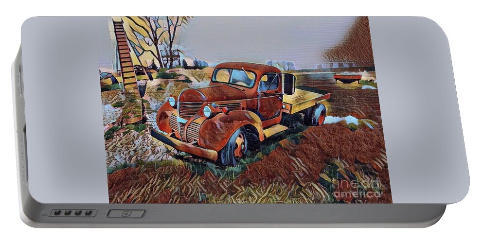 Truck Vehicle Vintage Digital Abstract Car Bag Pillow Portable Battery Charger featuring the pyrography The Flatbed by Bradley Boug